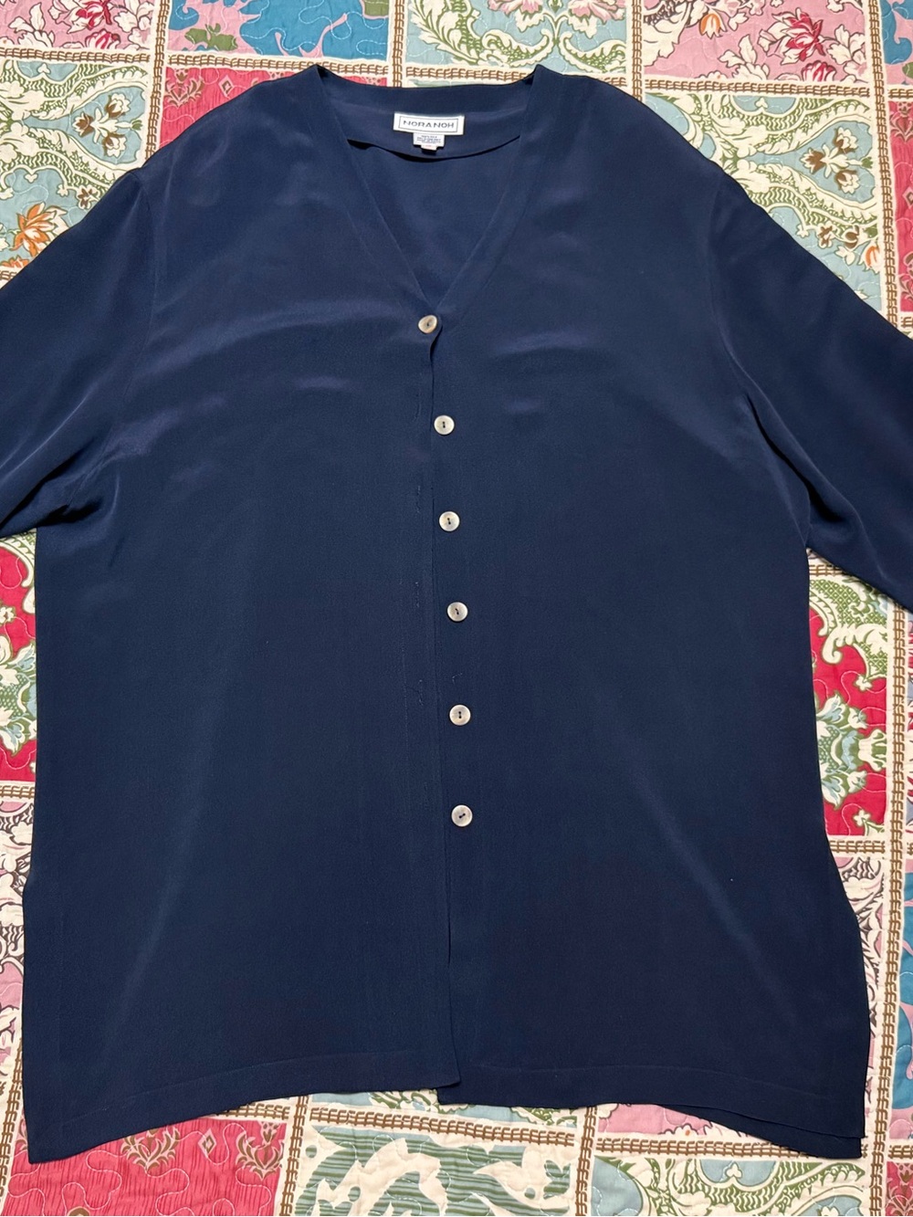 Vintage Nora Noh 100% Silk Navy Blue Button Down Blouse Top Sz 12